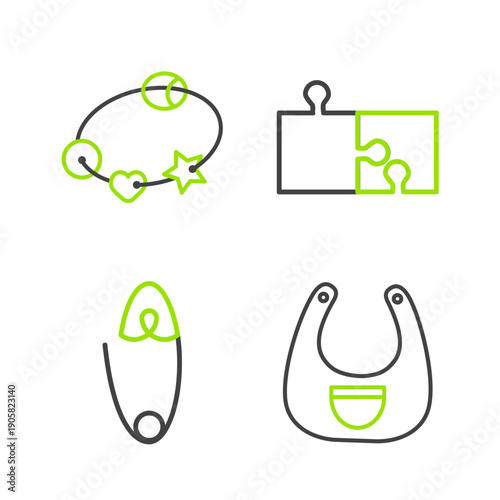 Set line Baby bib, Classic steel safety pin, Piece of puzzle and Rattle baby toy icon. Vector