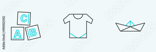 Set line Folded paper boat, ABC blocks and Baby onesie icon. Vector