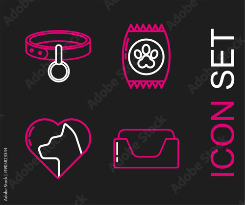 Set line Pet bed, Heart with cat, Bag of food for pet and Collar name tag icon. Vector