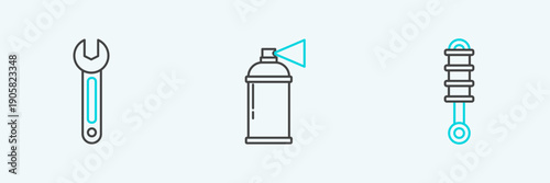 Set line Shock absorber, Wrench and Paint spray can icon. Vector