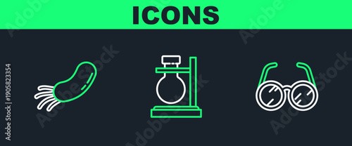 Set line Laboratory glasses, Bacteria and Test tube flask on stand icon. Vector