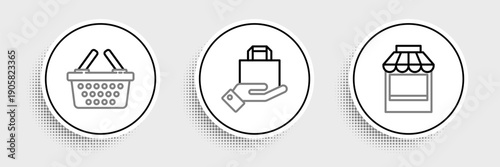 Set line Shopping building or market store, basket and Hand and paper shopping bag icon. Vector