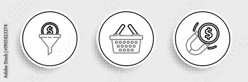 Set line Magnet with money, Lead management and Shopping basket icon. Vector