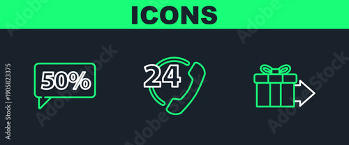Set line Gift box, Fifty discount percent tag and Telephone 24 hours support icon. Vector