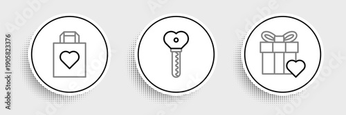 Set line Gift box and heart, Shopping bag with and Key shape icon. Vector