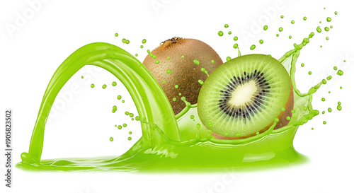 Splash of fresh kiwi fruit and juice, healthy beverage advertising concept