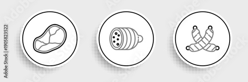Set line Crossed sausage, Steak meat and Salami icon. Vector