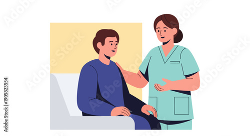 Nurse compassionately attending to a patient, offering comfort and support in a calm, modern illustration