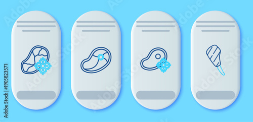 Set line Steak meat, Fresh frozen steak, and Rib eye icon. Vector