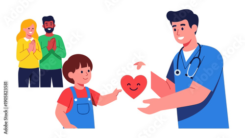 A Caring Hand: A compassionate doctor extends a heart to a child, with supportive parents in the background, symbolizing health and care. 