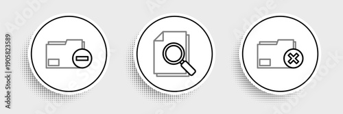Set line Delete folder, Document with minus and search icon. Vector