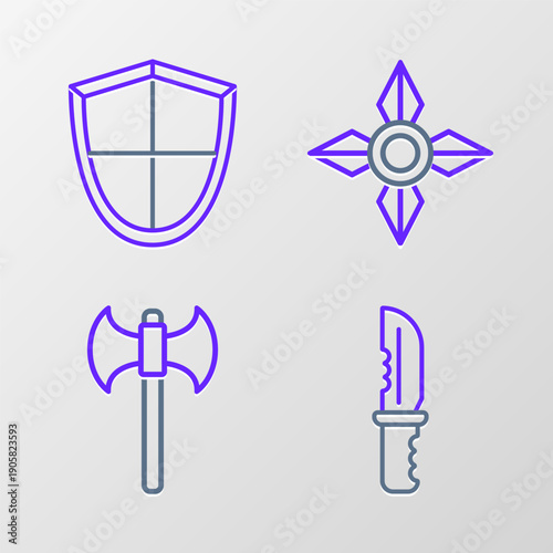 Set line Military knife, Medieval axe, Japanese ninja shuriken and Shield icon. Vector