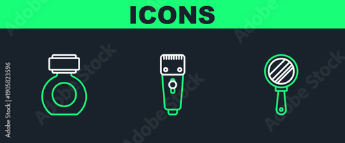 Set line Hand mirror, Aftershave and Electrical hair clipper shaver icon. Vector