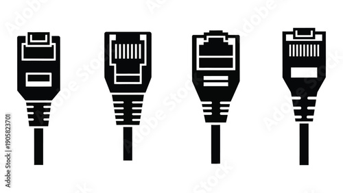 Four different types of ethernet cables depicted in black and white. Vector