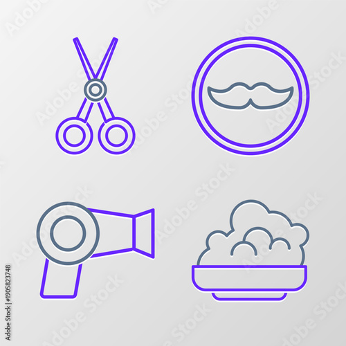 Set line Shaving gel foam, Hair dryer, Mustache and Scissors hairdresser icon. Vector