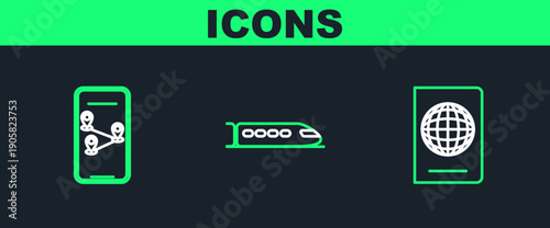 Set line Passport with biometric data, Infographic of city map navigation and Train icon. Vector