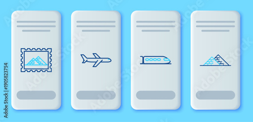 Set line Plane, Train, Postal stamp and Egypt pyramids and icon. Vector