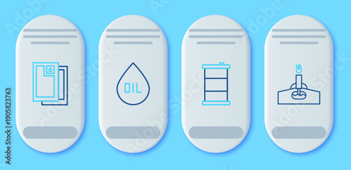 Set line Oil drop, Barrel oil, and rig with fire icon. Vector