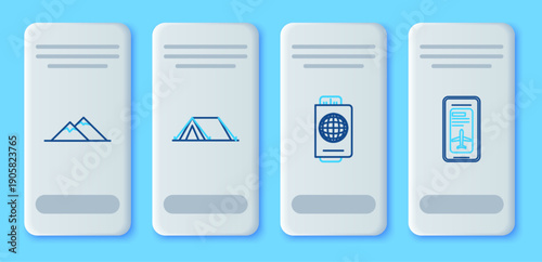 Set line Tourist tent, Passport with ticket, Mountains and Smartphone electronic boarding pass airline icon. Vector