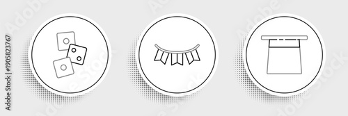 Set line Magician hat, Game dice and Carnival garland with flags icon. Vector