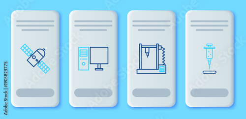 Set line Computer monitor, 3D printer, Satellite and Syringe icon. Vector
