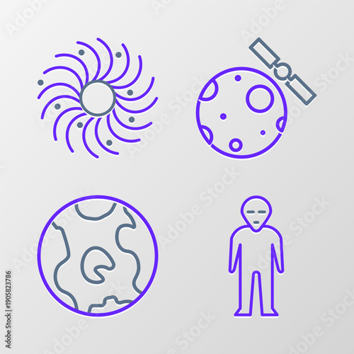 Set line Alien, Earth globe, Satellites orbiting the planet and Black hole icon. Vector