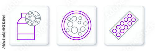 Set line Pills in blister pack, Bottle with virus and Virus icon. Vector