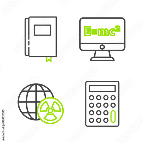 Set line Calculator, Planet earth and radiation, Equation solution and Book icon. Vector