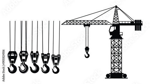 A large crane with multiple hooks hanging from its cable Vector