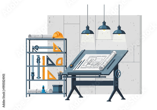 A drafting table with architectural plans and design tools in a modern studio setting