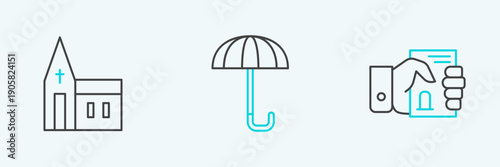 Set line Death certificate in hand, Church building and Umbrella icon. Vector