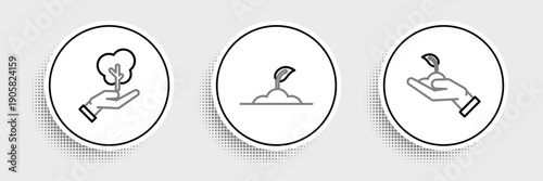 Set line Sprout in hand of environmental protection, Tree and icon. Vector