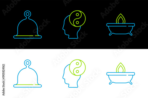 Set line Aroma candle, Sauna hat and Yin Yang icon. Vector