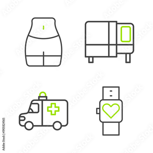 Set line Smart watch, Ambulance and emergency car, Bed and Women waist icon. Vector