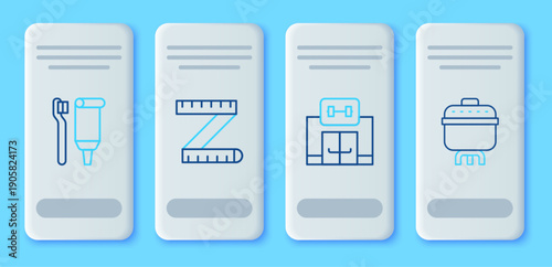 Set line Tape measure, Gym building, Toothbrush and toothpaste and Cooking pot icon. Vector