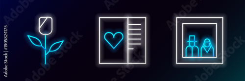 Set line Family photo, Flower rose and Postcard with heart icon. Glowing neon. Vector