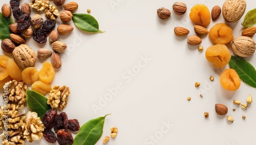 Assorted Nuts and Dried Fruits with Green Leaves on a Light Background for Healthy Snacking and Nutritional Content