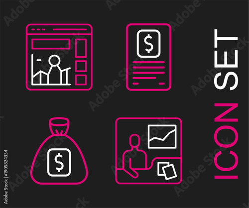 Set line Trading courses, Money bag, Business finance report and Website with growth graph icon. Vector