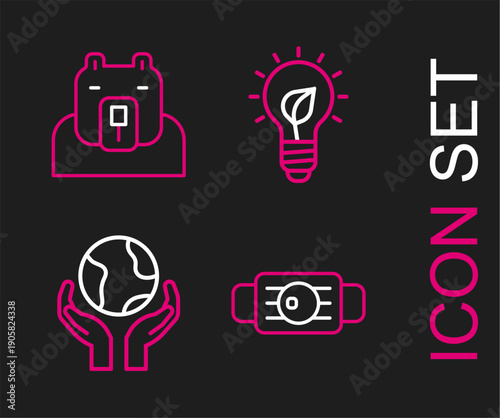 Set line Medical protective mask, Hands holding Earth globe, Light bulb with leaf and Polar bear head icon. Vector