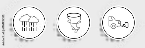Set line Car exhaust, Cloud with rain and Tornado icon. Vector