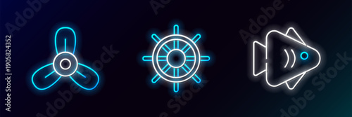 Set line Fish, Boat propeller, turbine and Ship steering wheel icon. Glowing neon. Vector