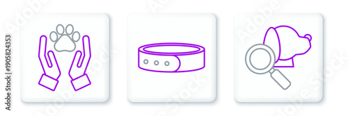 Set line Veterinary clinic symbol, Hands with animals footprint and Collar name tag icon. Vector