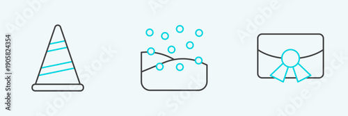 Set line Christmas postcard, Party hat and Snowfall icon. Vector