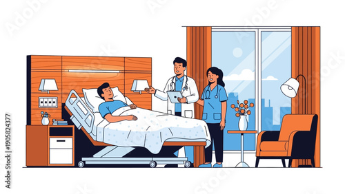 Medical Consultation: A patient receives care from a medical team, a doctor and nurse, inside a modern hospital room. A scene of comfort, hope and healing.