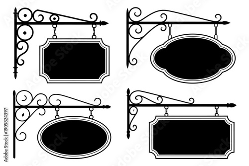 Set of four blank wrought iron signs with different shapes and designs