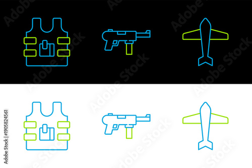 Set line Jet fighter, Bulletproof vest and Submachine gun M3 icon. Vector