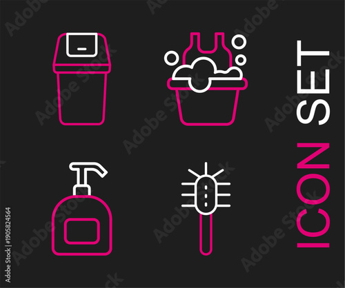 Set line Toilet brush, Bottle of liquid soap, Basin with suds and Trash can icon. Vector