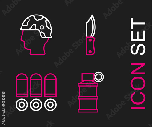 Set line Hand smoke grenade, Bullet, Military knife and Army soldier icon. Vector