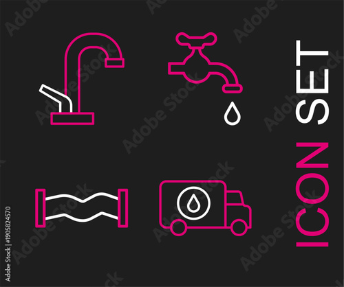 Set line Plumber service car, Industry metallic pipe, Water tap and icon. Vector