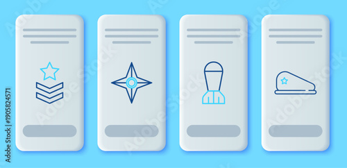 Set line Japanese ninja shuriken, Aviation bomb, Military rank and beret icon. Vector